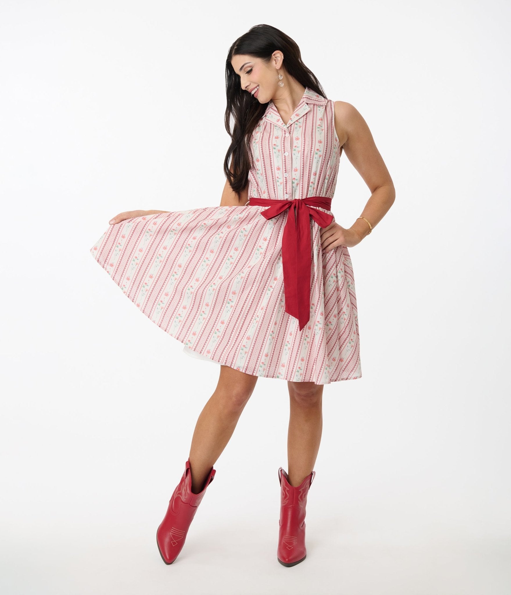 Smak Parlour Pink Rose Wallpaper Print Cotton Flare Dress - Unique Vintage - Womens, DRESSES, FIT AND FLARE