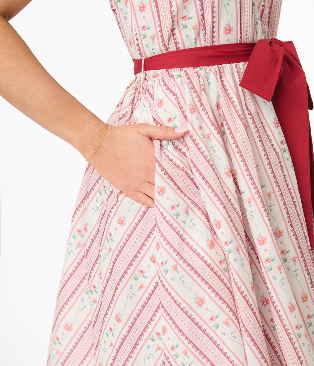 Smak Parlour Pink Rose Wallpaper Print Cotton Flare Dress - Unique Vintage - Womens, DRESSES, FIT AND FLARE
