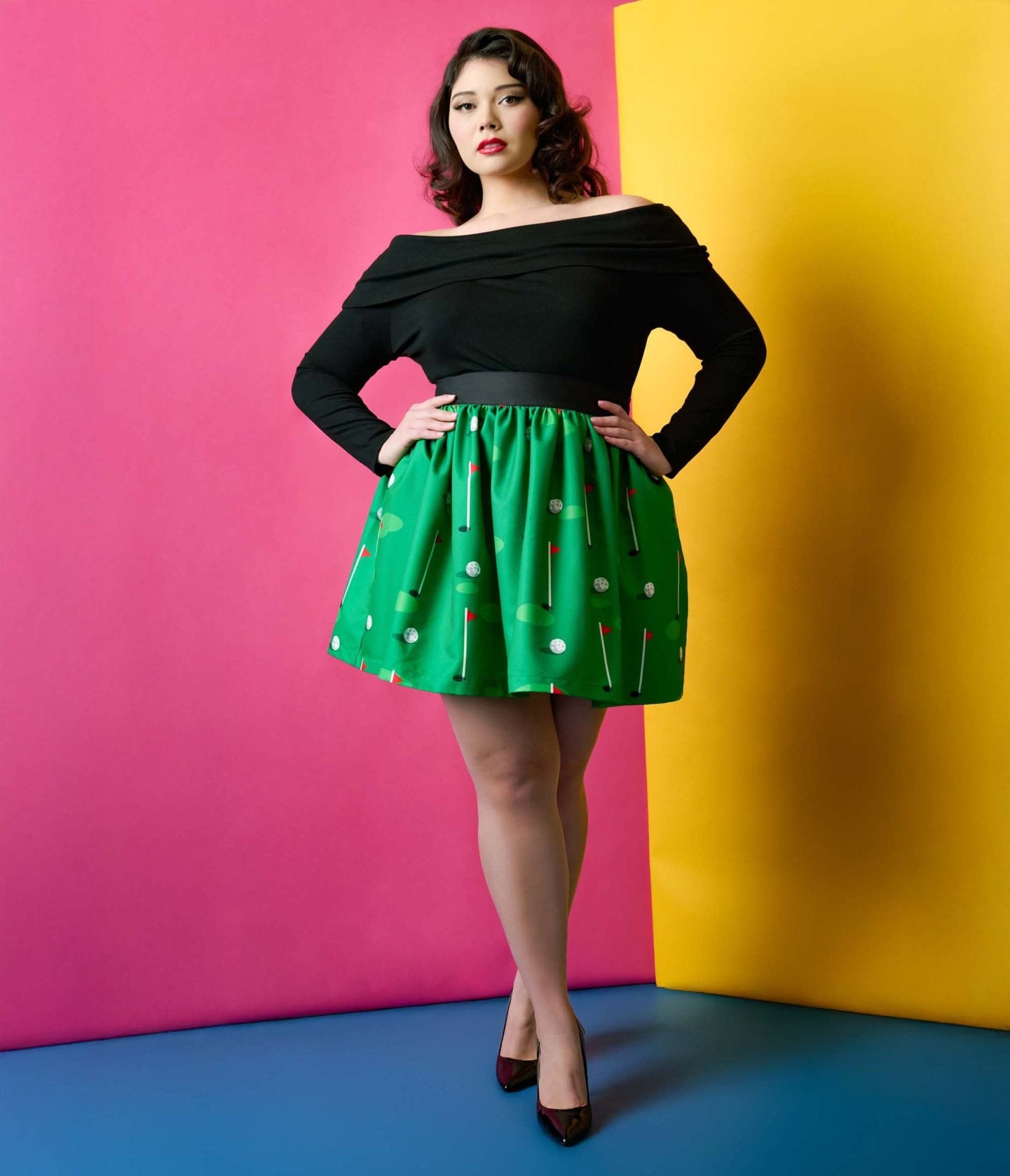 Smak Parlour Plus Size 1950s Green Golf Print Gathered Mini Skirt - Unique Vintage - Womens, BOTTOMS, SKIRTS