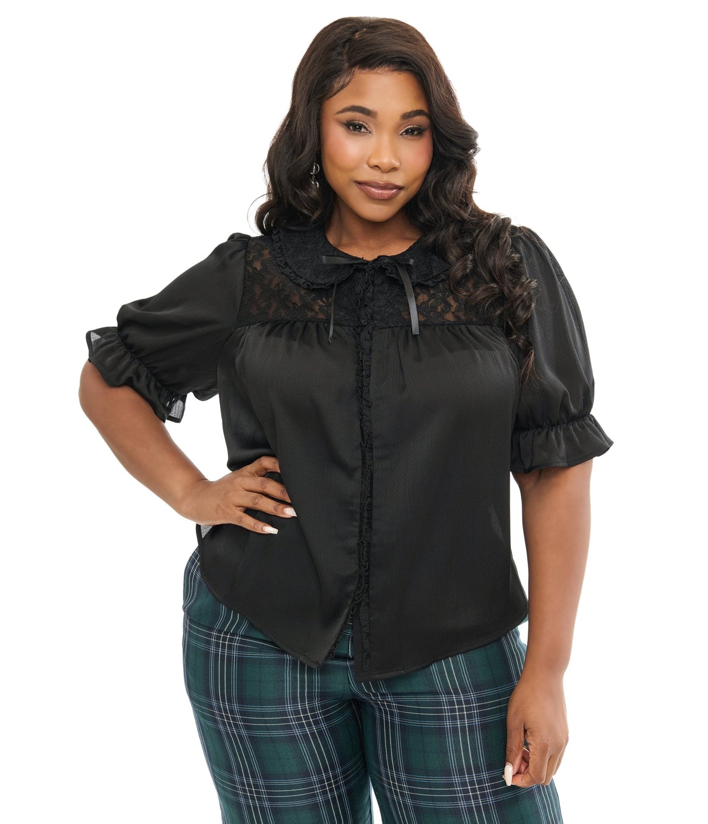Smak Parlour Plus Size 1960s Black Lace Puff Sleeve Blouse - Unique Vintage - Womens, TOPS, WOVEN TOPS