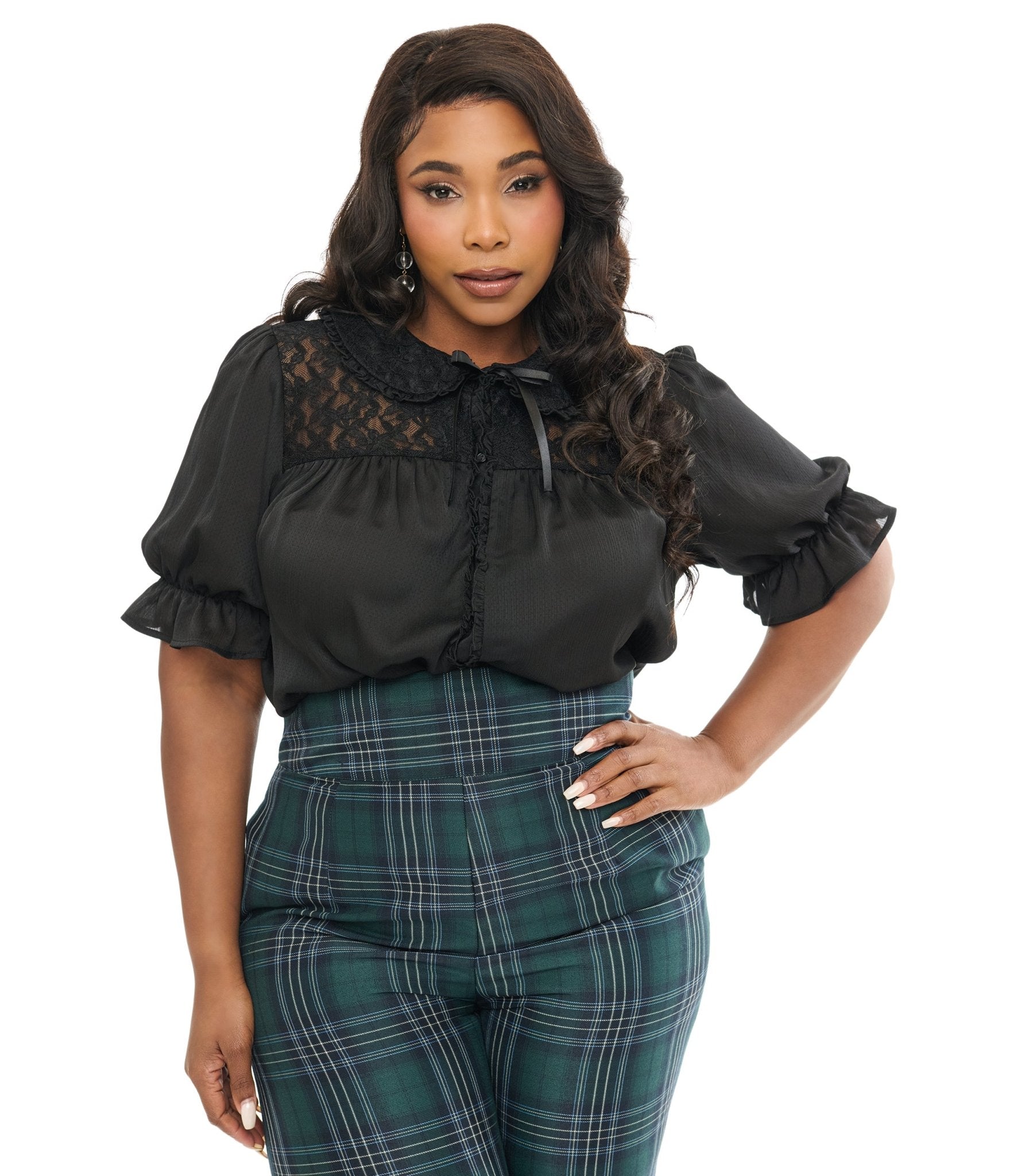 Smak Parlour Plus Size 1960s Black Lace Puff Sleeve Blouse - Unique Vintage - Womens, TOPS, WOVEN TOPS