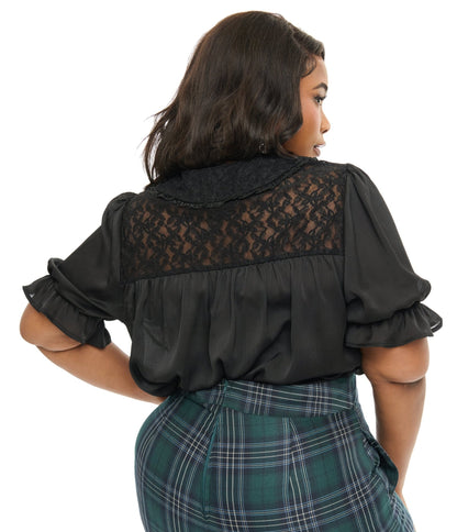 Smak Parlour Plus Size 1960s Black Lace Puff Sleeve Blouse - Unique Vintage - Womens, TOPS, WOVEN TOPS