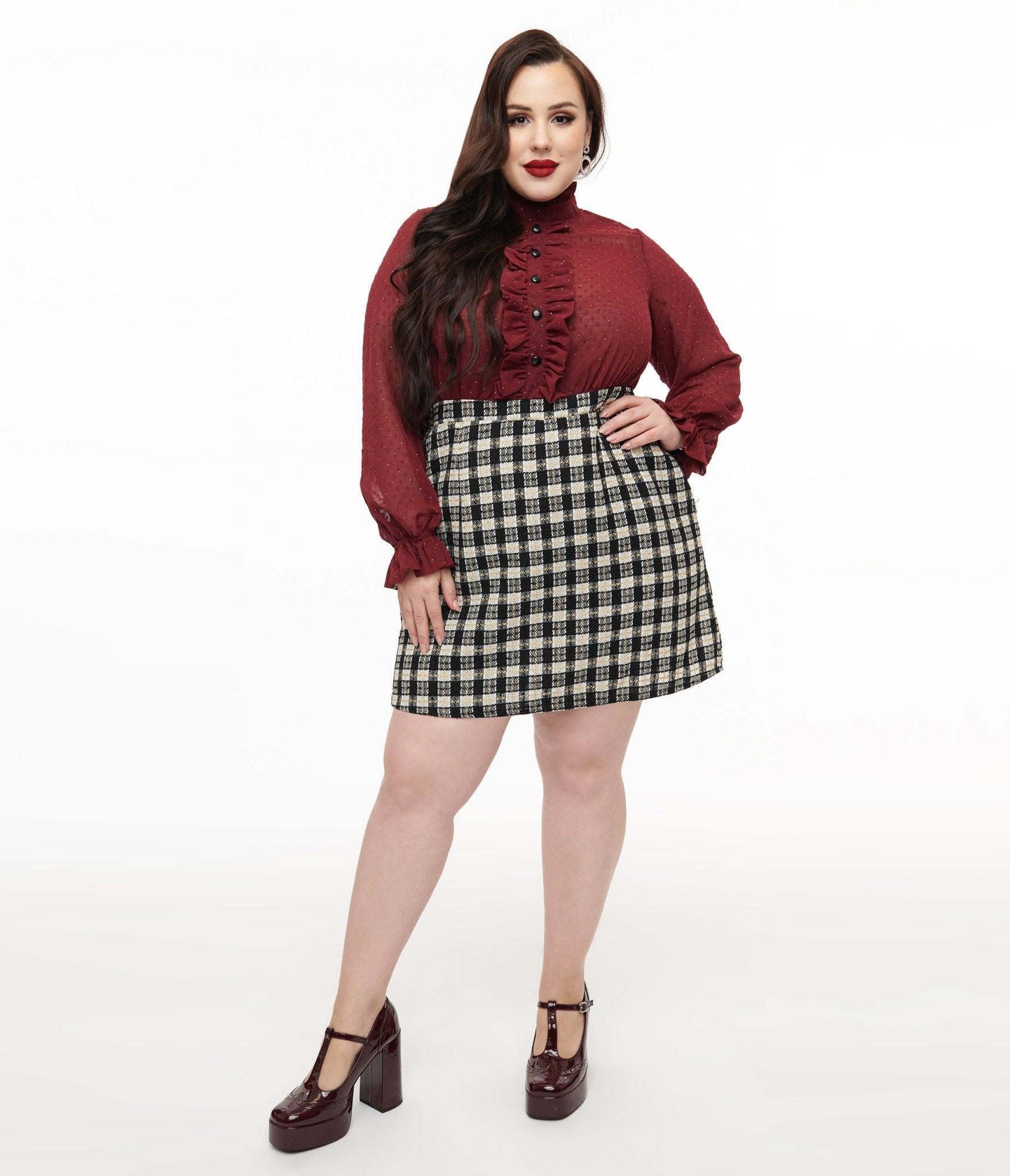 Smak Parlour Plus Size 1960s Burgundy & Plaid Ruffle Neck Empire A - Line Dress - Unique Vintage - Womens, DRESSES, A - LINE