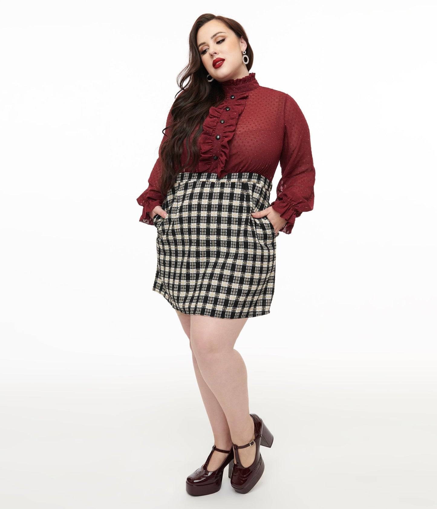 Smak Parlour Plus Size 1960s Burgundy & Plaid Ruffle Neck Empire A - Line Dress - Unique Vintage - Womens, DRESSES, A - LINE