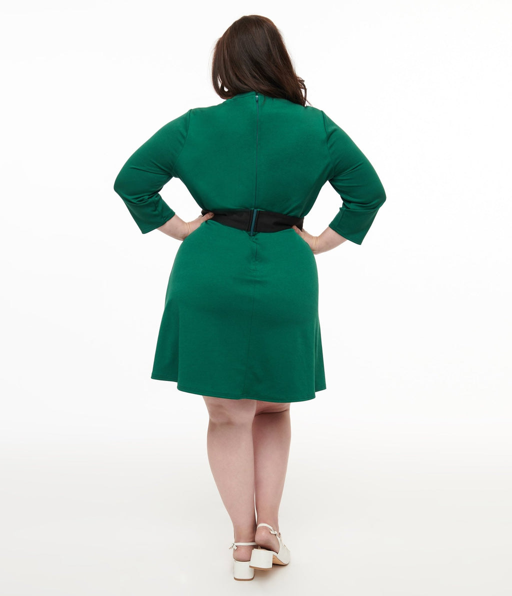 Smak Parlour Plus Size 1960s Emerald & Black Belted A - Line Dress - Unique Vintage - Womens, DRESSES, A - LINE