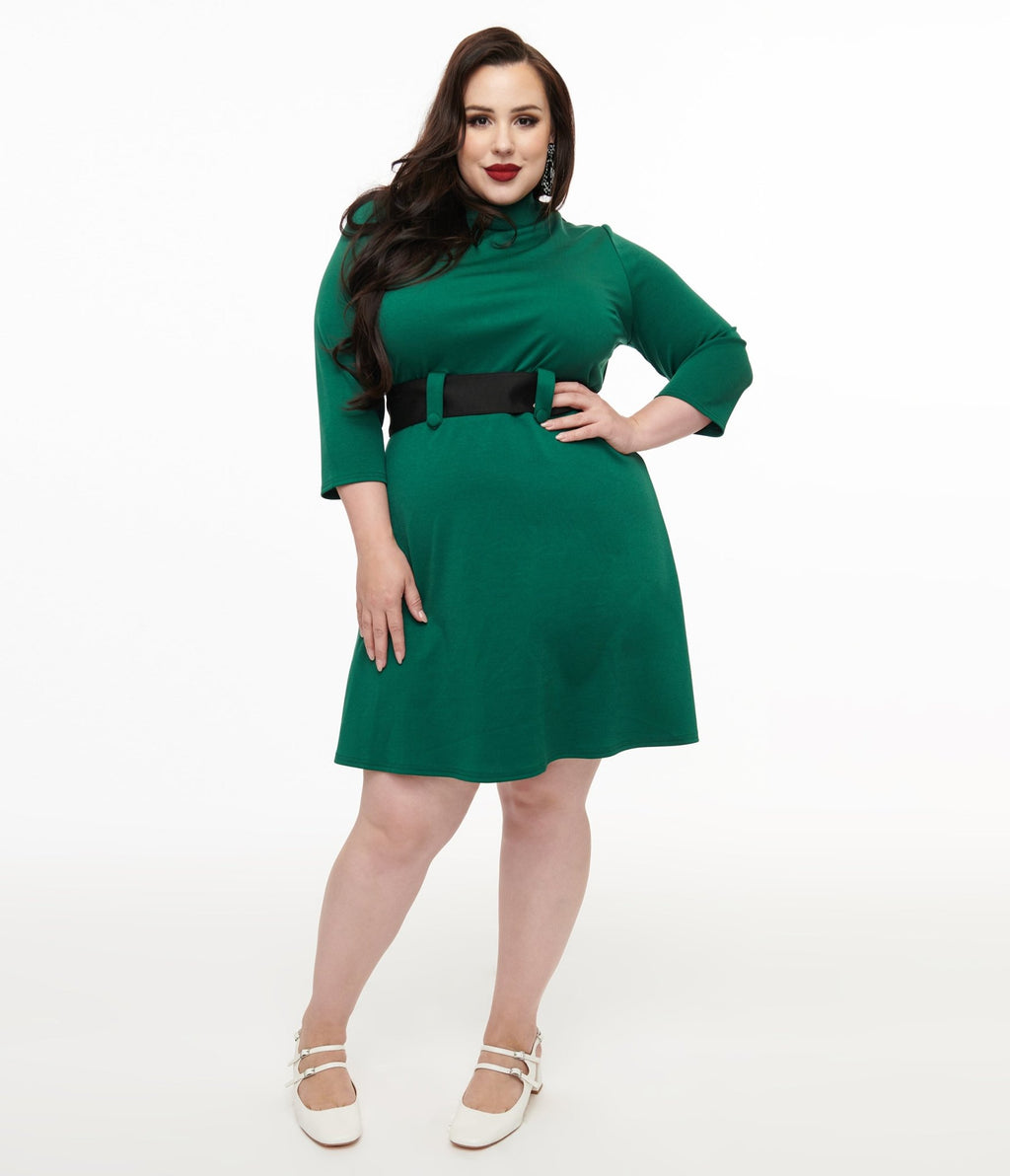 Smak Parlour Plus Size 1960s Emerald & Black Belted A - Line Dress - Unique Vintage - Womens, DRESSES, A - LINE