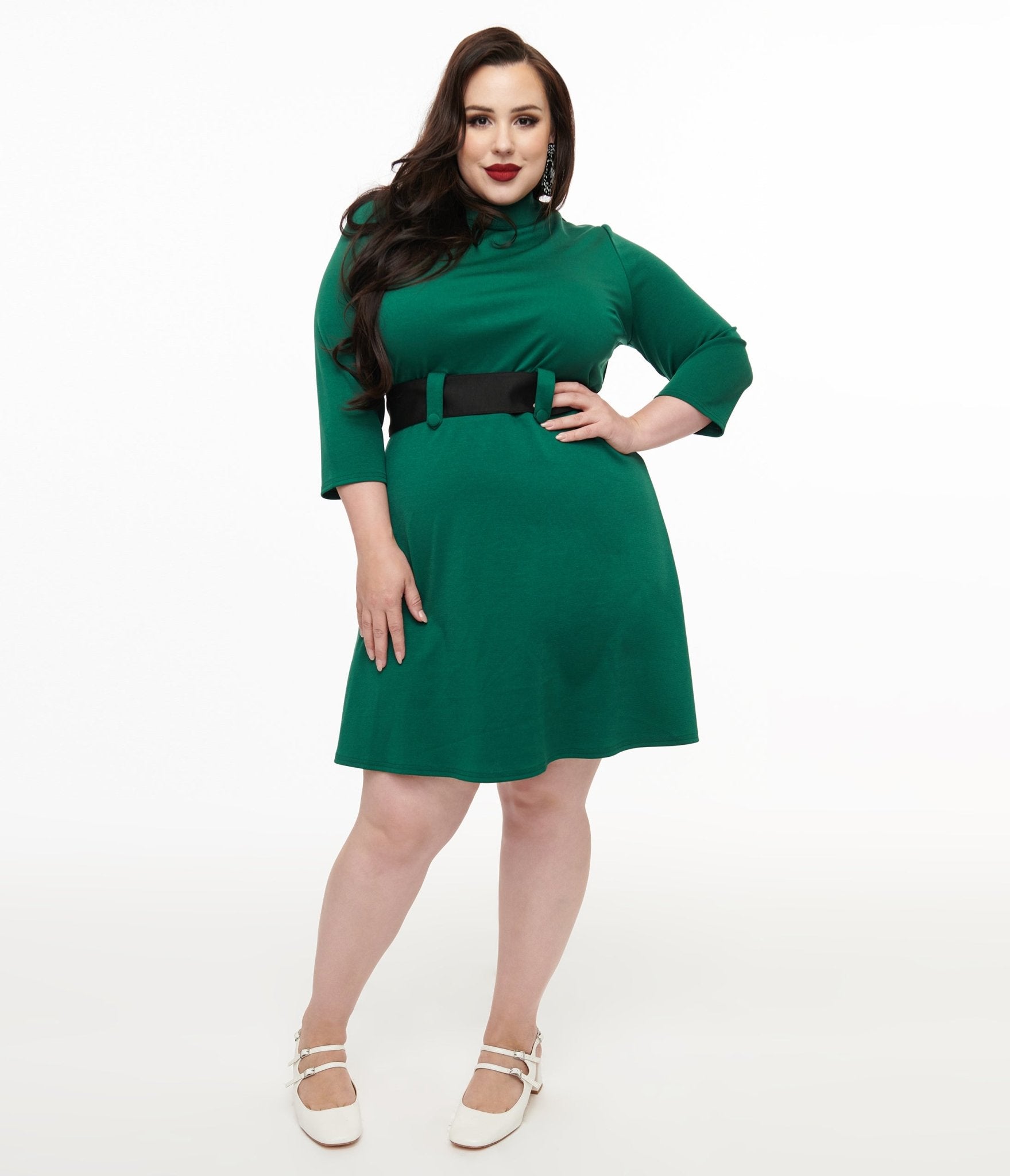 Smak Parlour Plus Size 1960s Emerald & Black Belted A - Line Dress - Unique Vintage - Womens, DRESSES, A - LINE
