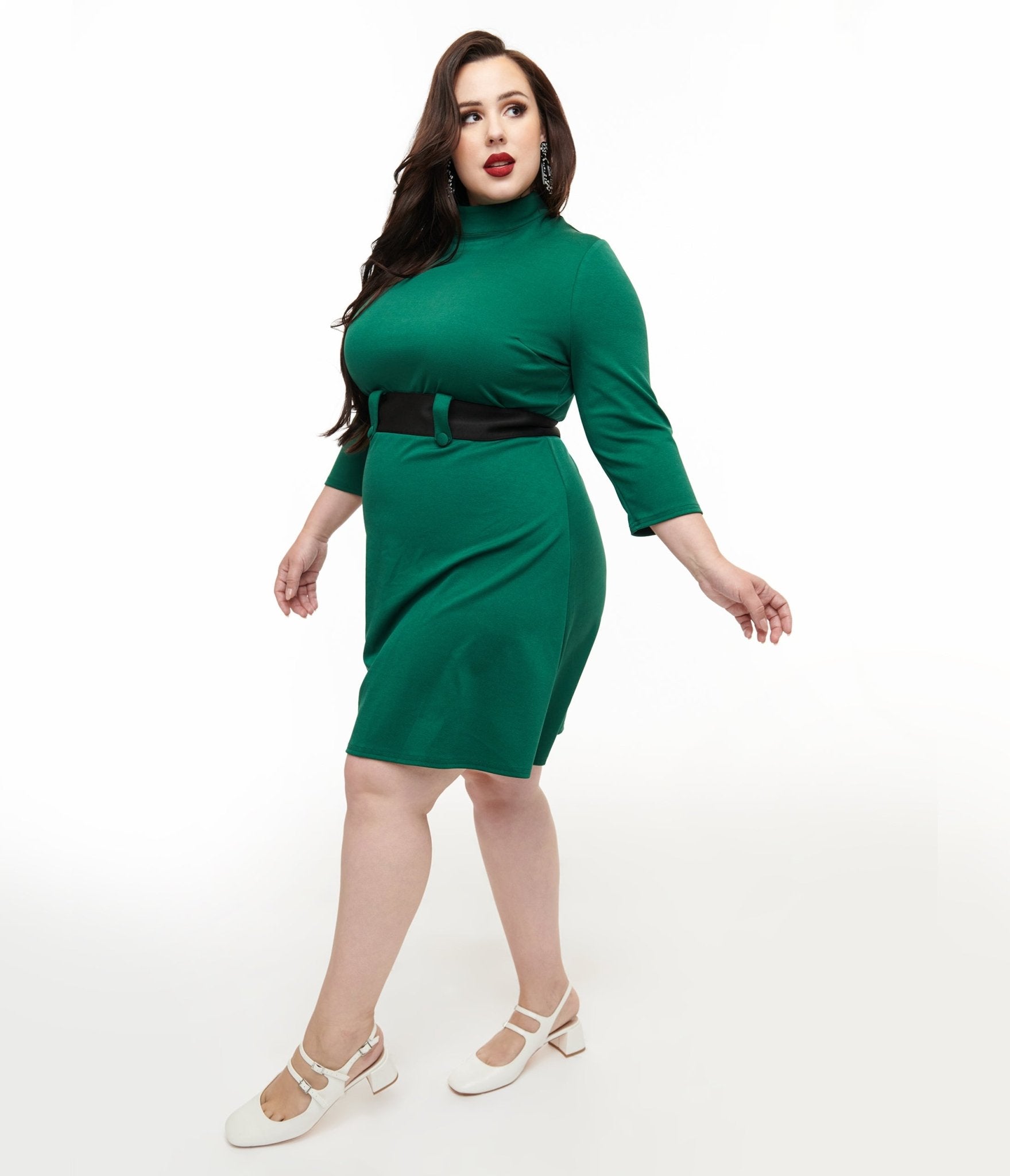 Smak Parlour Plus Size 1960s Emerald & Black Belted A - Line Dress - Unique Vintage - Womens, DRESSES, A - LINE