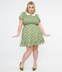 Smak Parlour Plus Size 1960s Green Floral Smocked Fit & Flare Dress