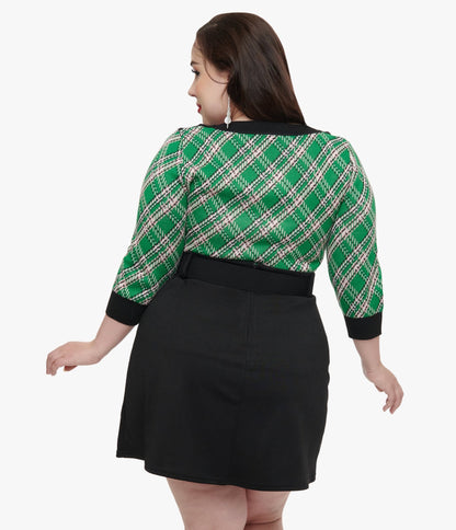 Smak Parlour Plus Size 1960s Green Plaid & Hedgehog Sweater - Unique Vintage - Womens, TOPS, SWEATERS