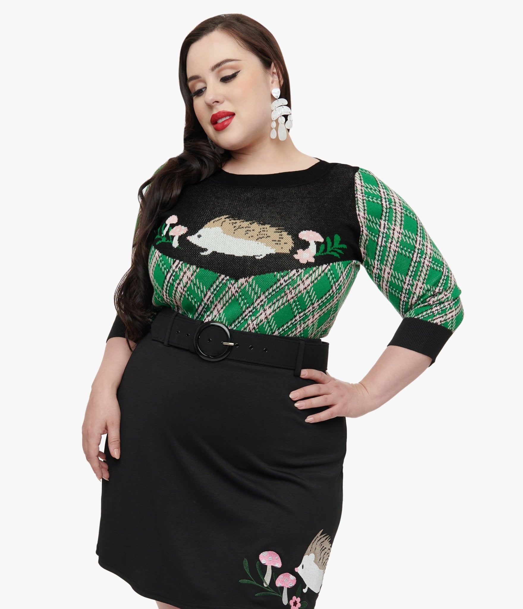 Smak Parlour Plus Size 1960s Green Plaid & Hedgehog Sweater - Unique Vintage - Womens, TOPS, SWEATERS
