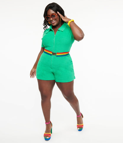 Smak Parlour Plus Size 1960s Green & Rainbow Belted Romper - Unique Vintage - Womens, BOTTOMS, ROMPERS AND JUMPSUITS