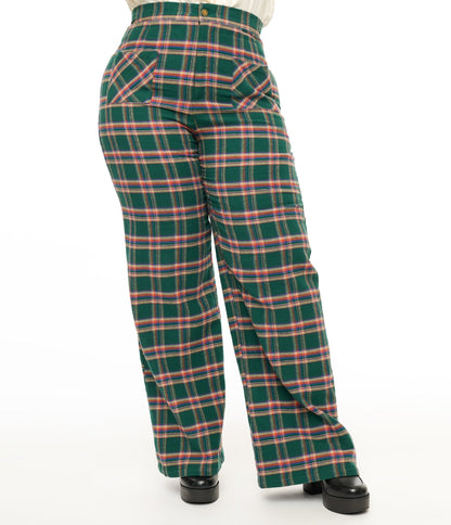 Smak Parlour Plus Size 1960s Green & Red Plaid Wide Leg Trousers - Unique Vintage - Womens, BOTTOMS, PANTS