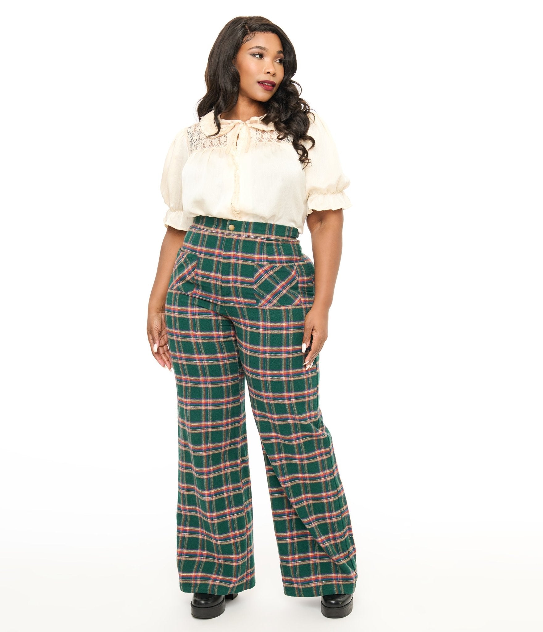 Smak Parlour Plus Size 1960s Green & Red Plaid Wide Leg Trousers - Unique Vintage - Womens, BOTTOMS, PANTS