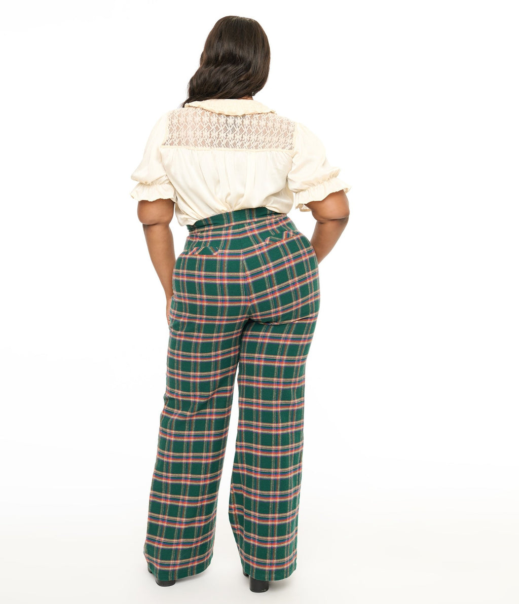 Smak Parlour Plus Size 1960s Green & Red Plaid Wide Leg Trousers - Unique Vintage - Womens, BOTTOMS, PANTS