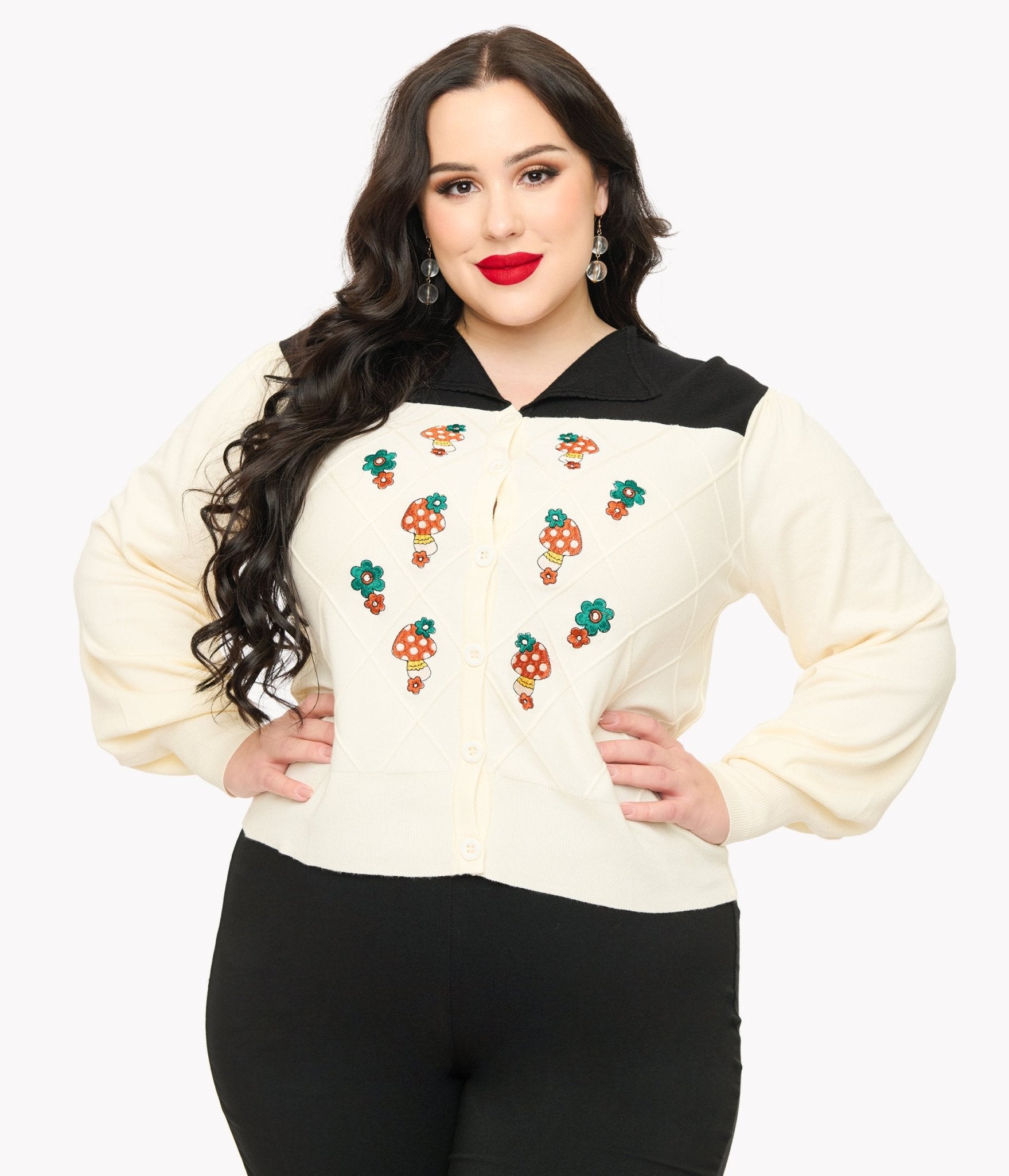 Smak Parlour Plus Size 1960s Ivory & Black Mushroom Embroidered Cardigan - Unique Vintage - Womens, TOPS, SWEATERS