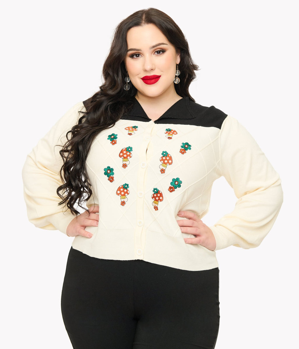 Smak Parlour Plus Size 1960s Ivory & Black Mushroom Embroidered Cardigan - Unique Vintage - Womens, TOPS, SWEATERS