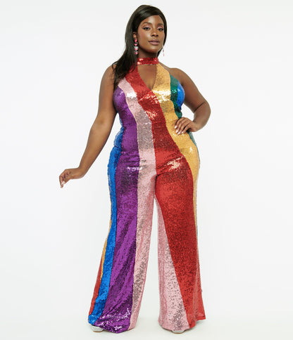 Smak Parlour Plus Size 1960s Rainbow Sequin Glamour Goddess Jumpsuit - Unique Vintage - Womens, BOTTOMS, ROMPERS AND JUMPSUITS