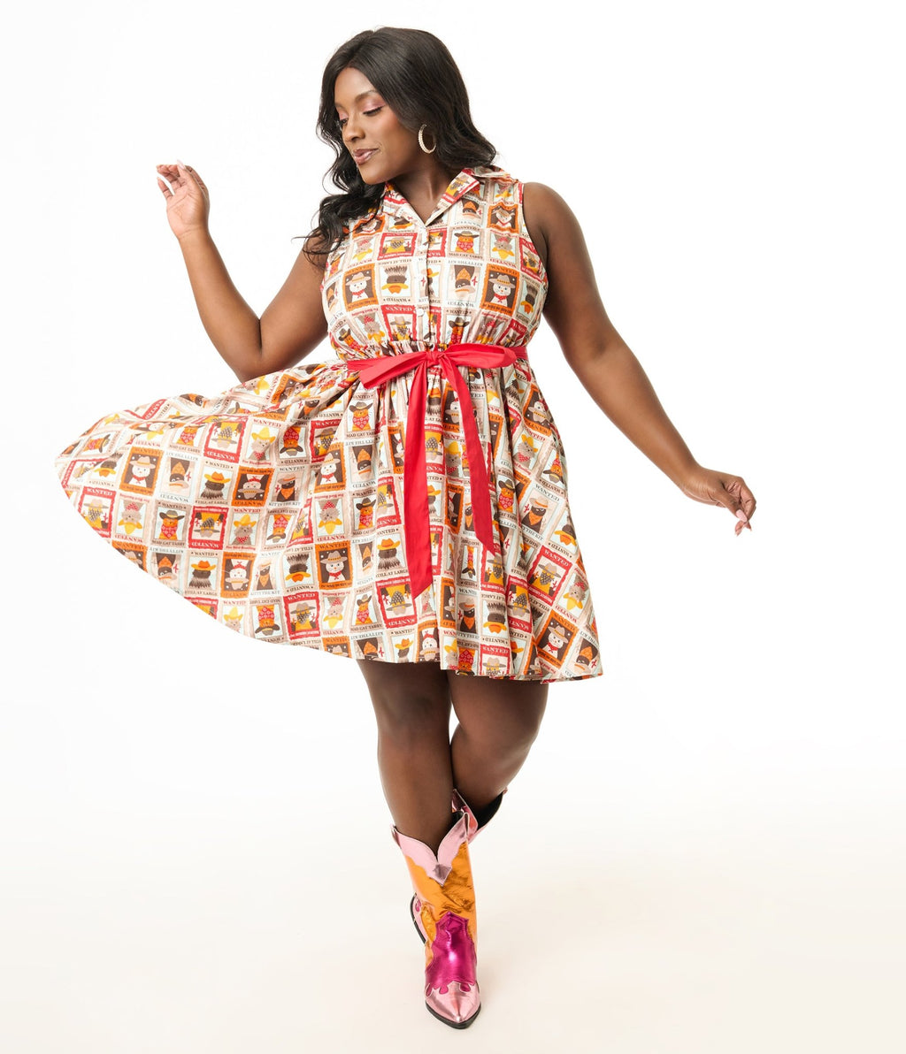 Smak Parlour Plus Size 1960s Wanted Cats Print Cotton Flare Dress - Unique Vintage - Womens, DRESSES, FIT AND FLARE