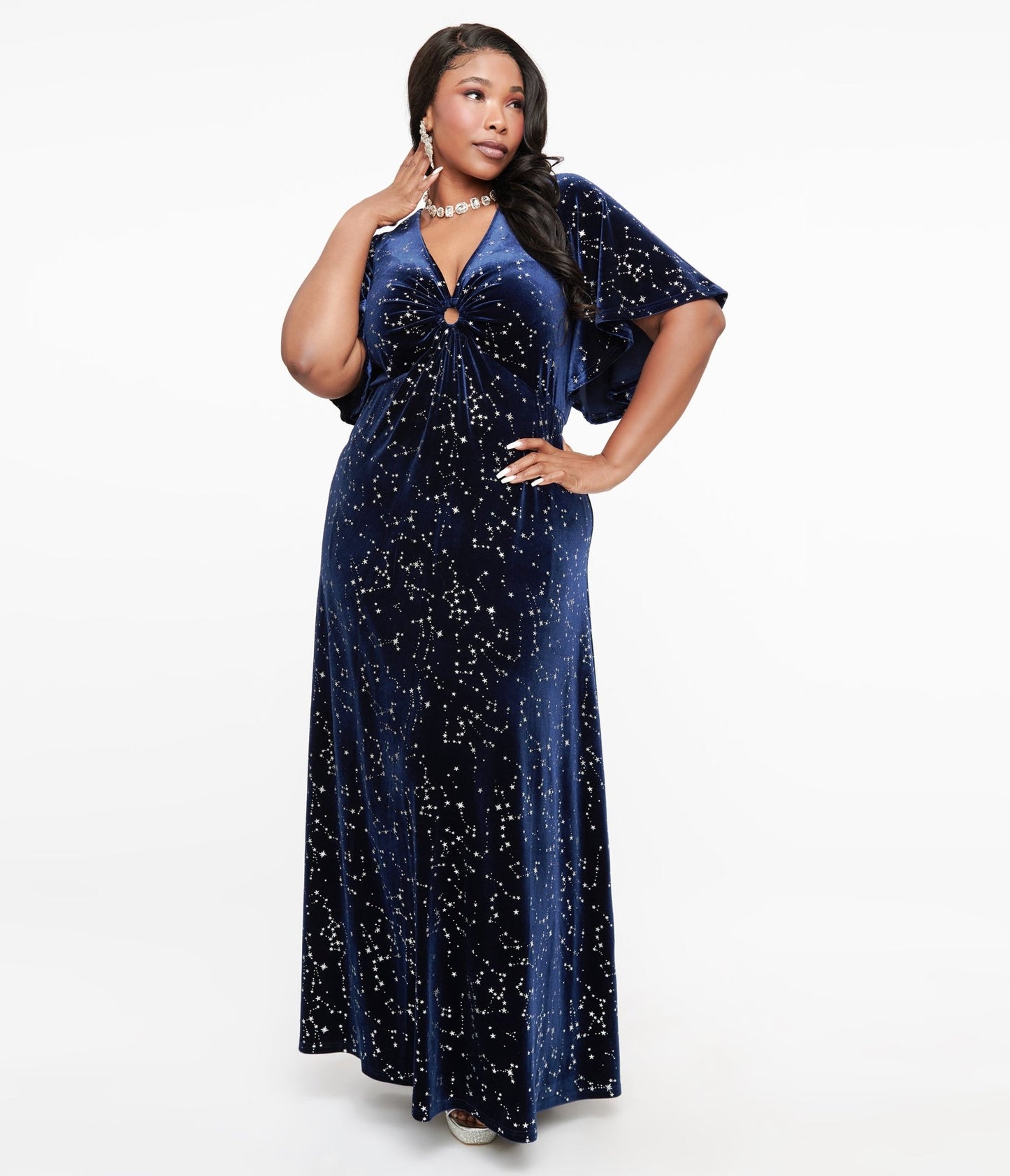 Smak Parlour Plus Size 1970s Blue Velvet Silver Stars Cutout Maxi Dress - Unique Vintage - Womens, DRESSES, MAXI