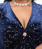 Smak Parlour Plus Size 1970s Blue Velvet Silver Stars Cutout Maxi Dress - Unique Vintage - Womens, DRESSES, MAXI