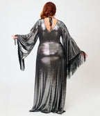 Smak Parlour Plus Size 1970s Metallic Dark Silver Fringe Sleeve Stevie Maxi Dress - Unique Vintage -