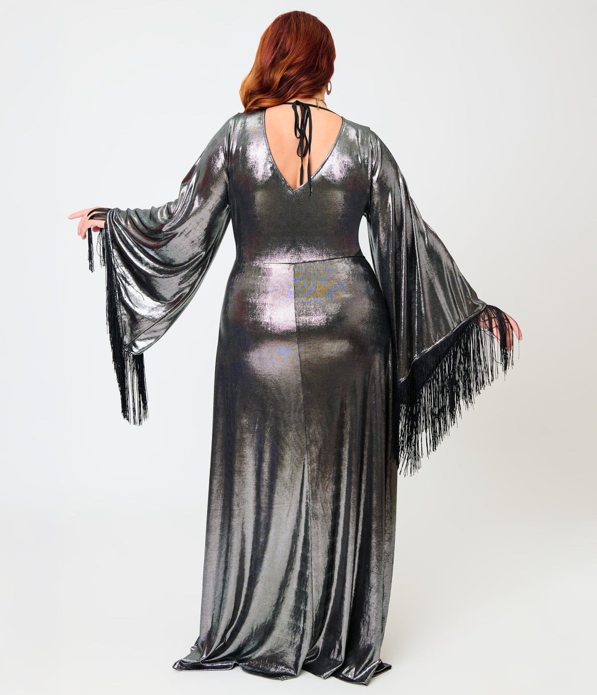Smak Parlour Plus Size 1970s Metallic Dark Silver Fringe Sleeve Stevie Maxi Dress - Unique Vintage -