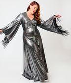 Smak Parlour Plus Size 1970s Metallic Dark Silver Fringe Sleeve Stevie Maxi Dress - Unique Vintage -