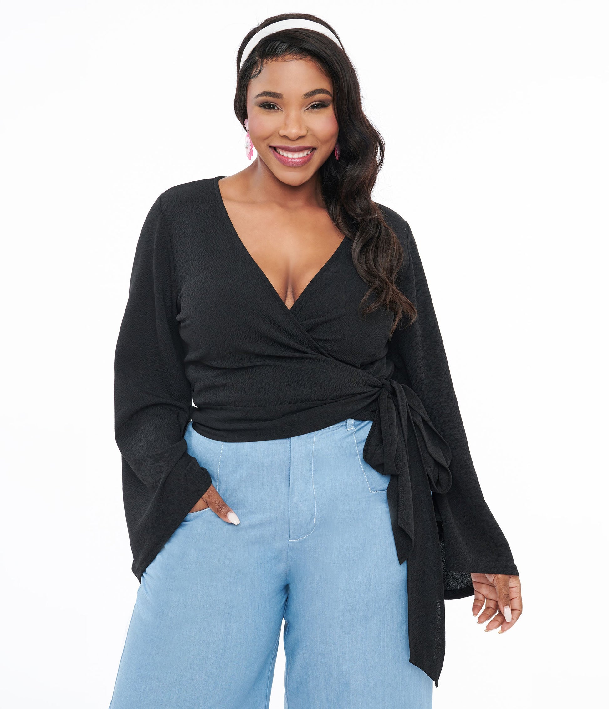 Smak Parlour Plus Size Black Bell Sleeve Wrap Top - Unique Vintage - Womens, TOPS, KNIT TOPS