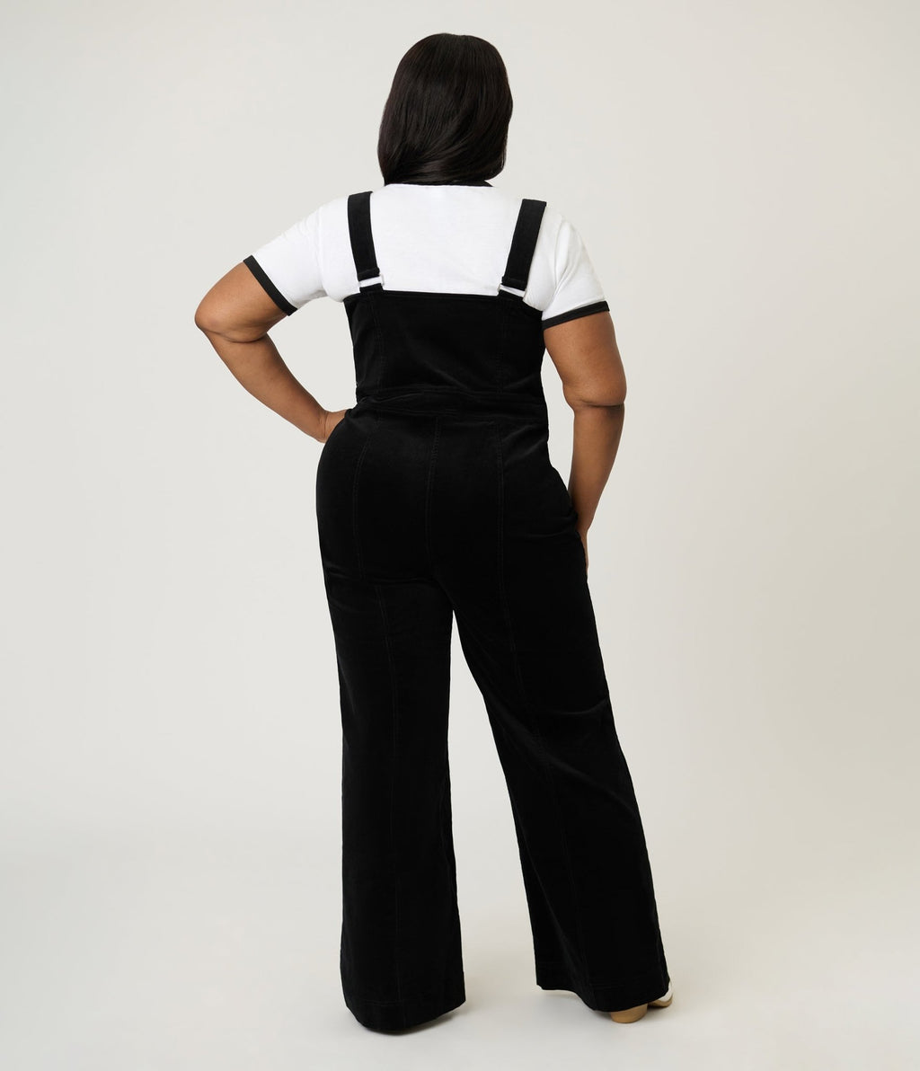 Smak Parlour Plus Size Black Corduroy Wide Leg Dungarees - Unique Vintage - Womens, BOTTOMS, ROMPERS AND JUMPSUITS