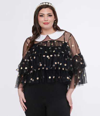 Smak Parlour Plus Size Black Daisy Mesh Ruffle Top - Unique Vintage - Womens, TOPS, WOVEN TOPS