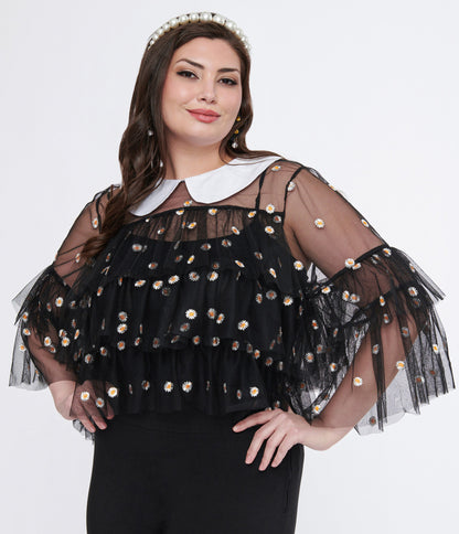 Smak Parlour Plus Size Black Daisy Mesh Ruffle Top - Unique Vintage - Womens, TOPS, WOVEN TOPS