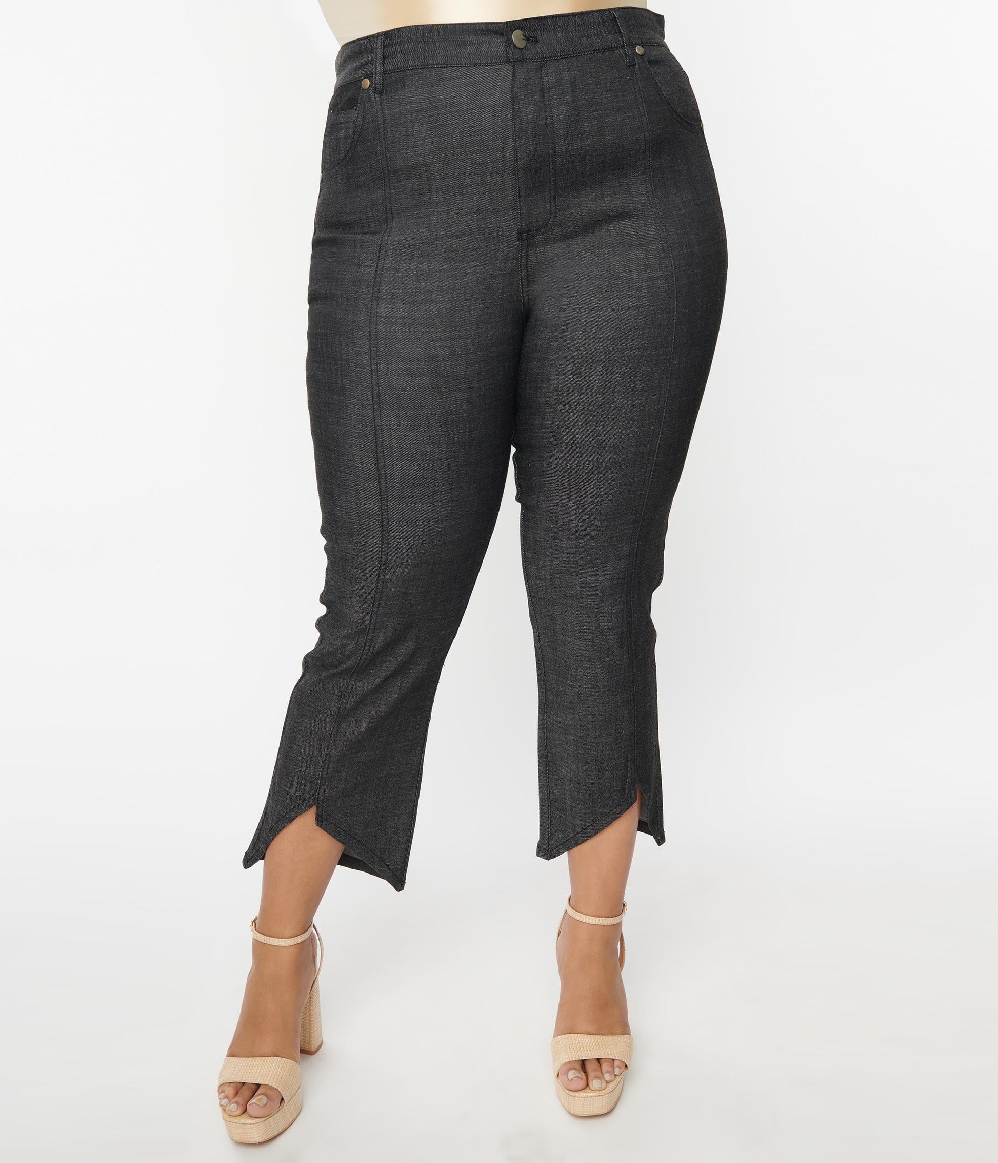 Smak Parlour Plus Size Black Denim Notched Capri Jeans - Unique Vintage - Womens, BOTTOMS, CAPRI
