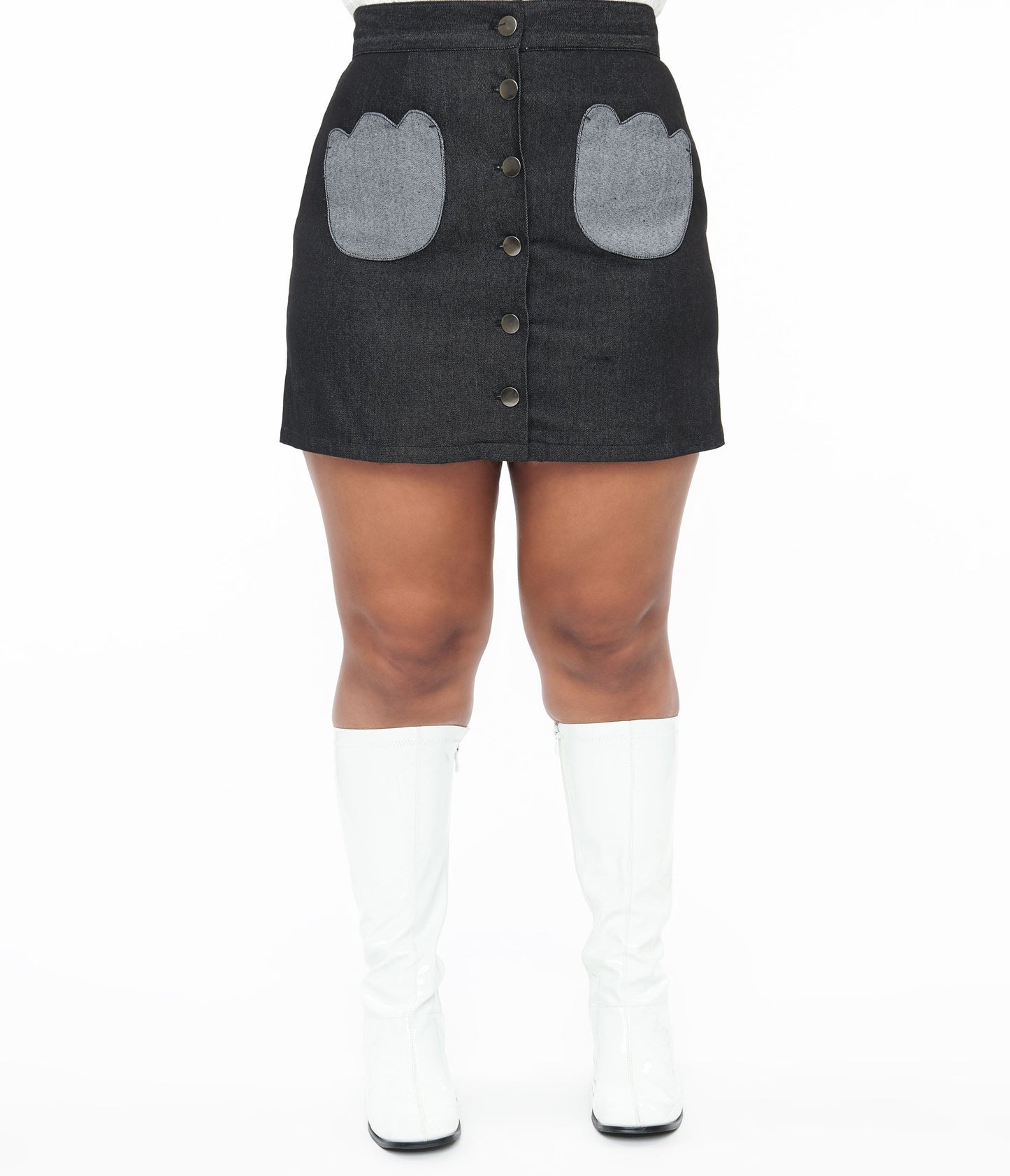 Smak Parlour Plus Size Black Denim Tulip Patch Pocket Skirt - Unique Vintage - Womens, BOTTOMS, SKIRTS