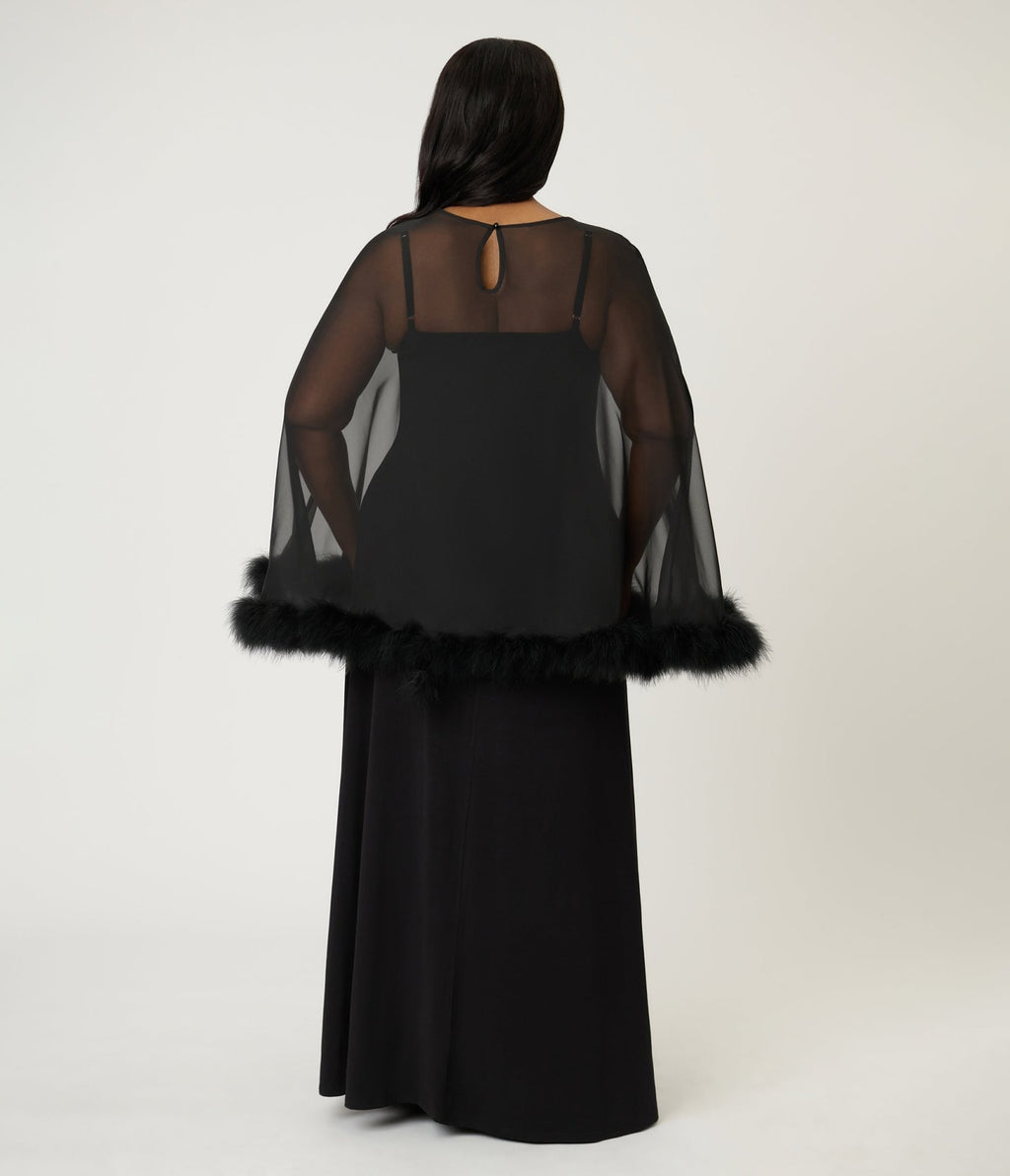 Smak Parlour Plus Size Black Feathered Cape Maxi Dress - Unique Vintage - Womens, DRESSES, MAXI