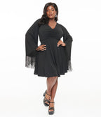 Smak Parlour Plus Size Black Fringe Bell Sleeve Fit & Flare Dress - Unique Vintage - Womens, DRESSES, FIT AND FLARE