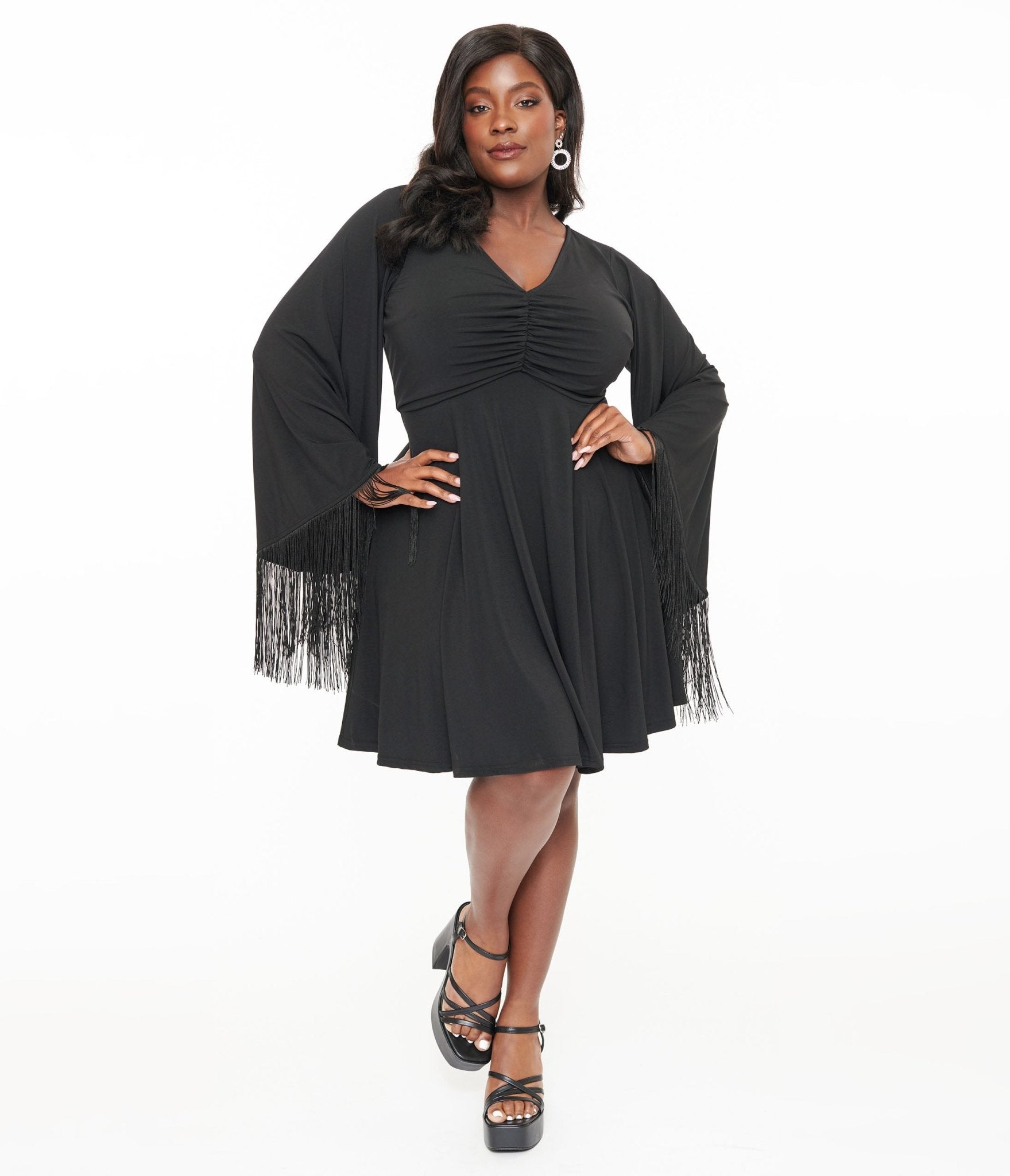 Smak Parlour Plus Size Black Fringe Bell Sleeve Fit & Flare Dress - Unique Vintage - Womens, DRESSES, FIT AND FLARE