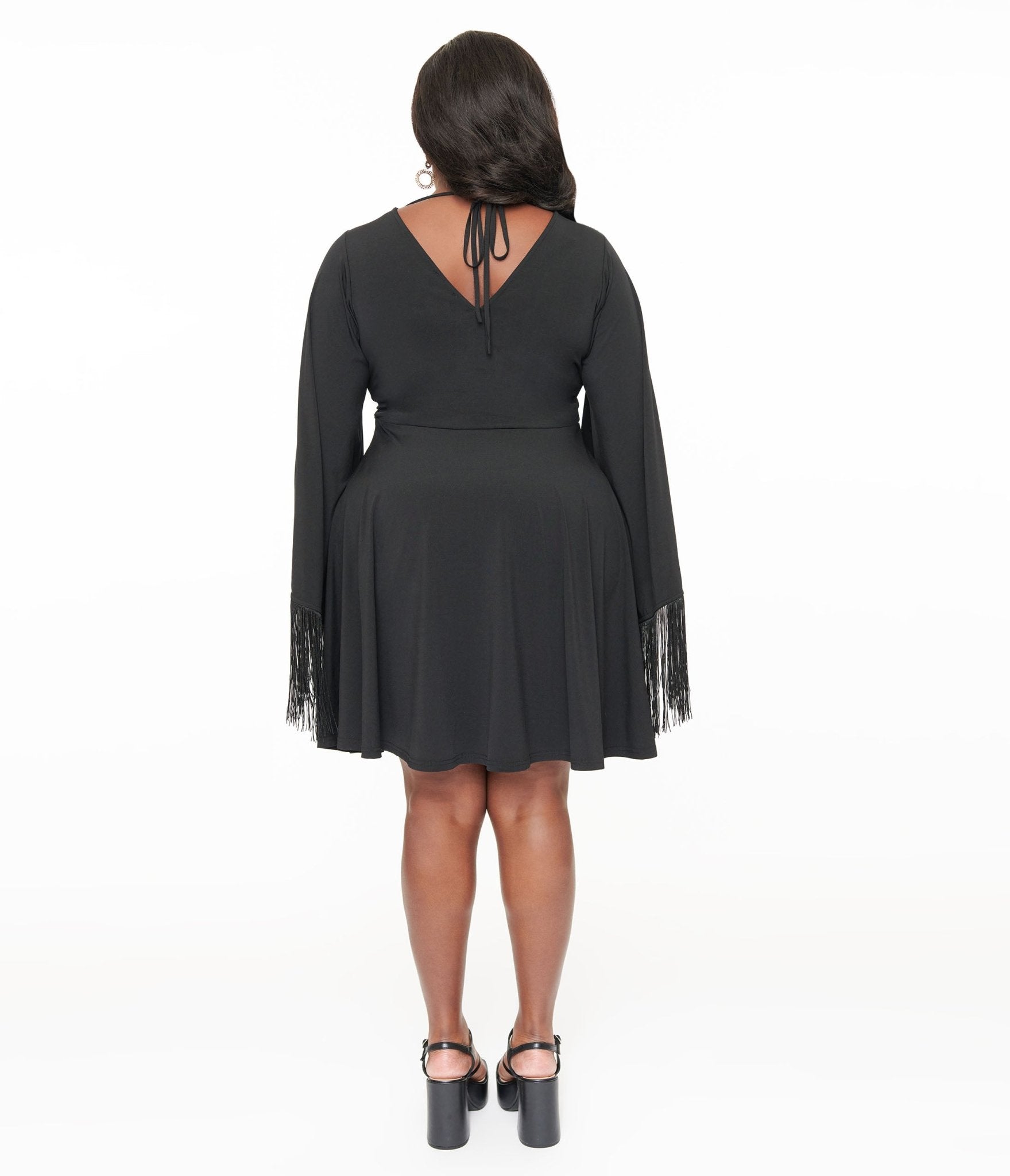 Smak Parlour Plus Size Black Fringe Bell Sleeve Fit & Flare Dress Unique Vintage Smak Parlour Plus Size Black Fringe Bell Sleeve Fit & Flare Dress Unique Vintage
