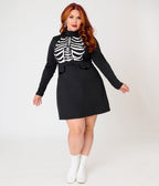 Smak Parlour Plus Size Black Glow in the Dark Skeleton Mock Turtleneck Fit & Flare Lori Dress - Unique Vintage - Womens, DRESSES, A-LINE