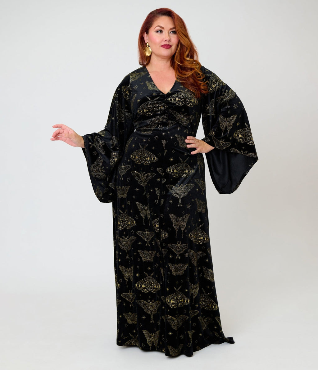 Smak Parlour Plus Size Black & Gold Moth Print Stevie Maxi Dress – Unique Vintage