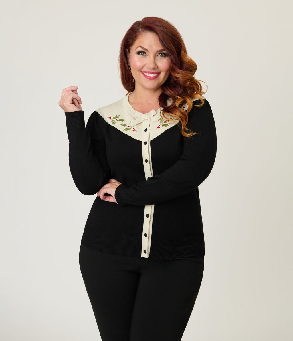 Smak Parlour Plus Size Black & Ivory Holly Embroidered Cardigan - Unique Vintage - Womens, TOPS, SWEATERS
