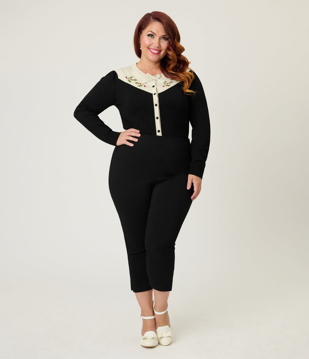 Smak Parlour Plus Size Black & Ivory Holly Embroidered Cardigan - Unique Vintage - Womens, TOPS, SWEATERS