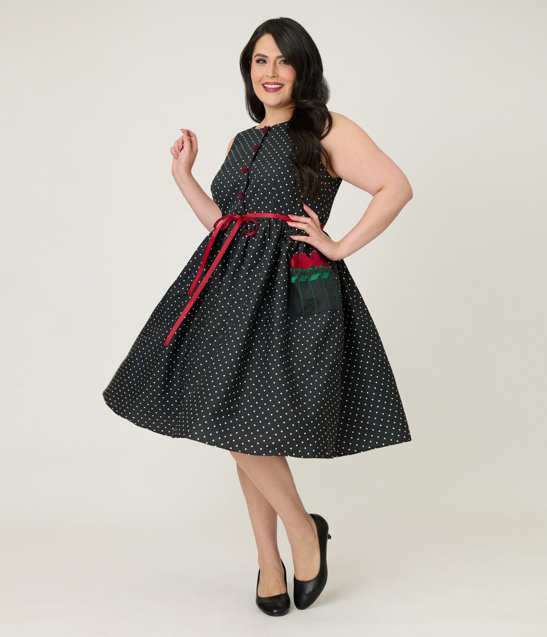 Smak Parlour Plus Size Black Pin Dot Rose Sleeveless Swing Dress - Unique Vintage - Womens, DRESSES, SWING