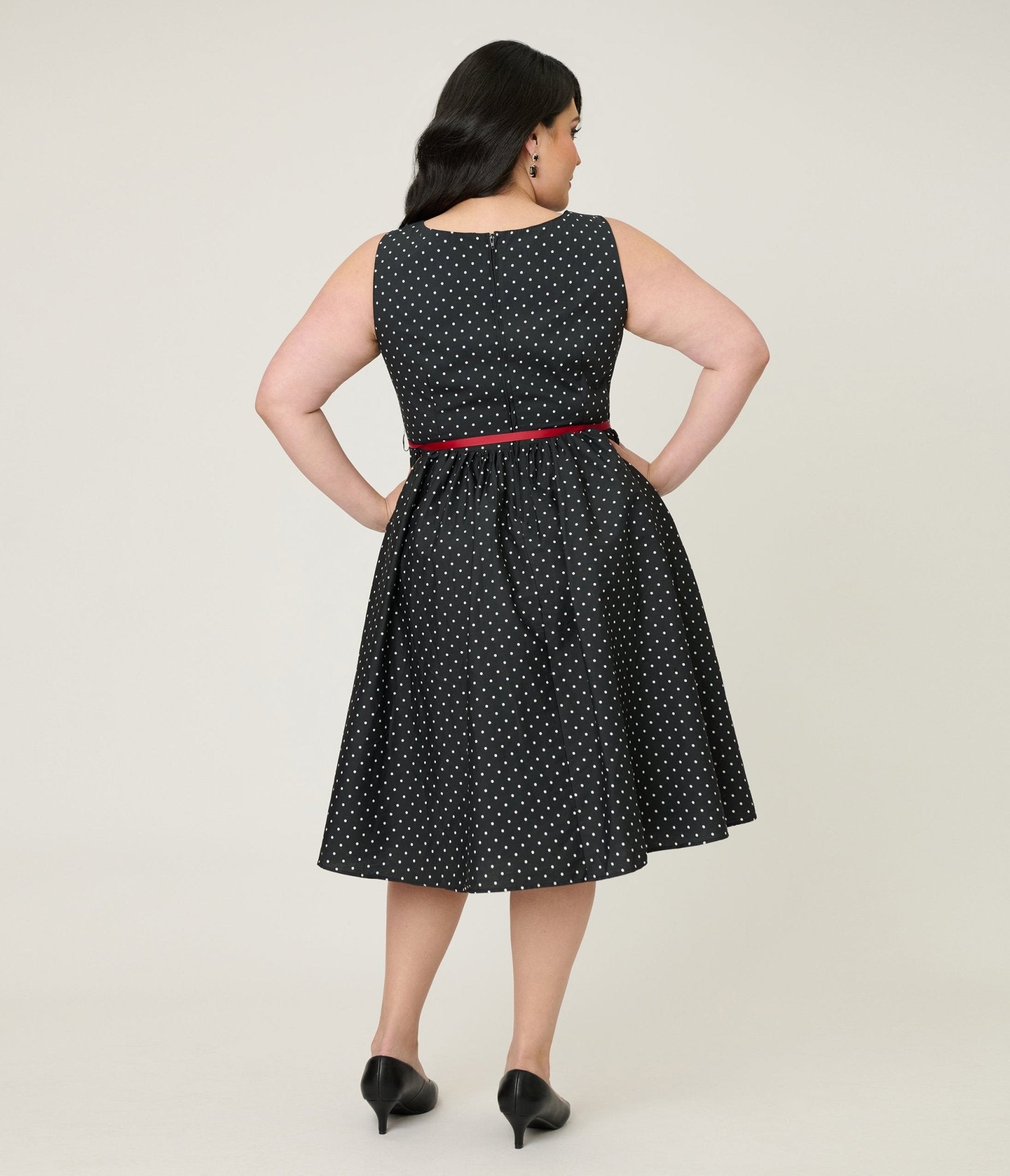 Smak Parlour Plus Size Black Pin Dot Rose Sleeveless Swing Dress - Unique Vintage - Womens, DRESSES, SWING