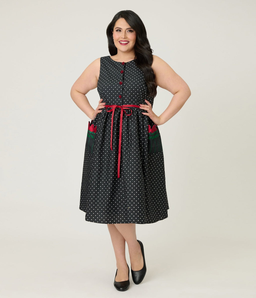 Smak Parlour Plus Size Black Pin Dot Rose Sleeveless Swing Dress - Unique Vintage - Womens, DRESSES, SWING