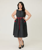 Smak Parlour Plus Size Black Pin Dot Rose Sleeveless Swing Dress - Unique Vintage - Womens, DRESSES, SWING