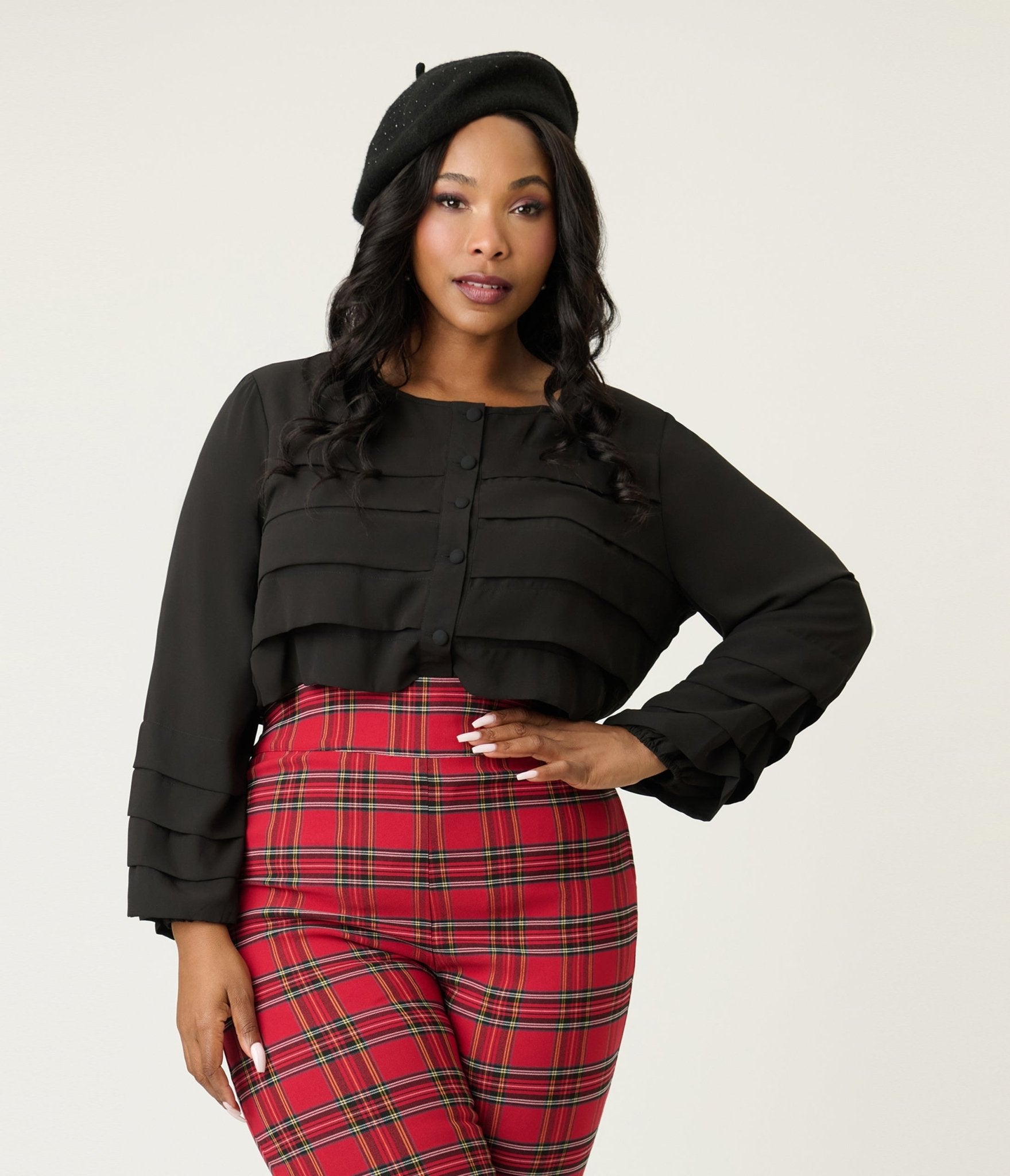 Smak Parlour Plus Size Black Pleated Front Blouse - Unique Vintage - Womens, TOPS, WOVEN TOPS