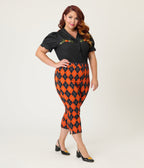 Smak Parlour Plus Size Black & Pumpkin Embroidery Puff Sleeve Top - Unique Vintage - Womens, TOPS, WOVEN TOPS