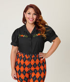 Smak Parlour Plus Size Black & Pumpkin Embroidery Puff Sleeve Top - Unique Vintage - Womens, TOPS, WOVEN TOPS