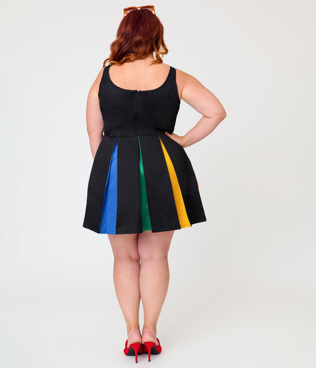 Smak Parlour Plus Size Black & Rainbow Pleated Skirted Romper - Unique Vintage - Womens, BOTTOMS, ROMPERS AND JUMPSUITS